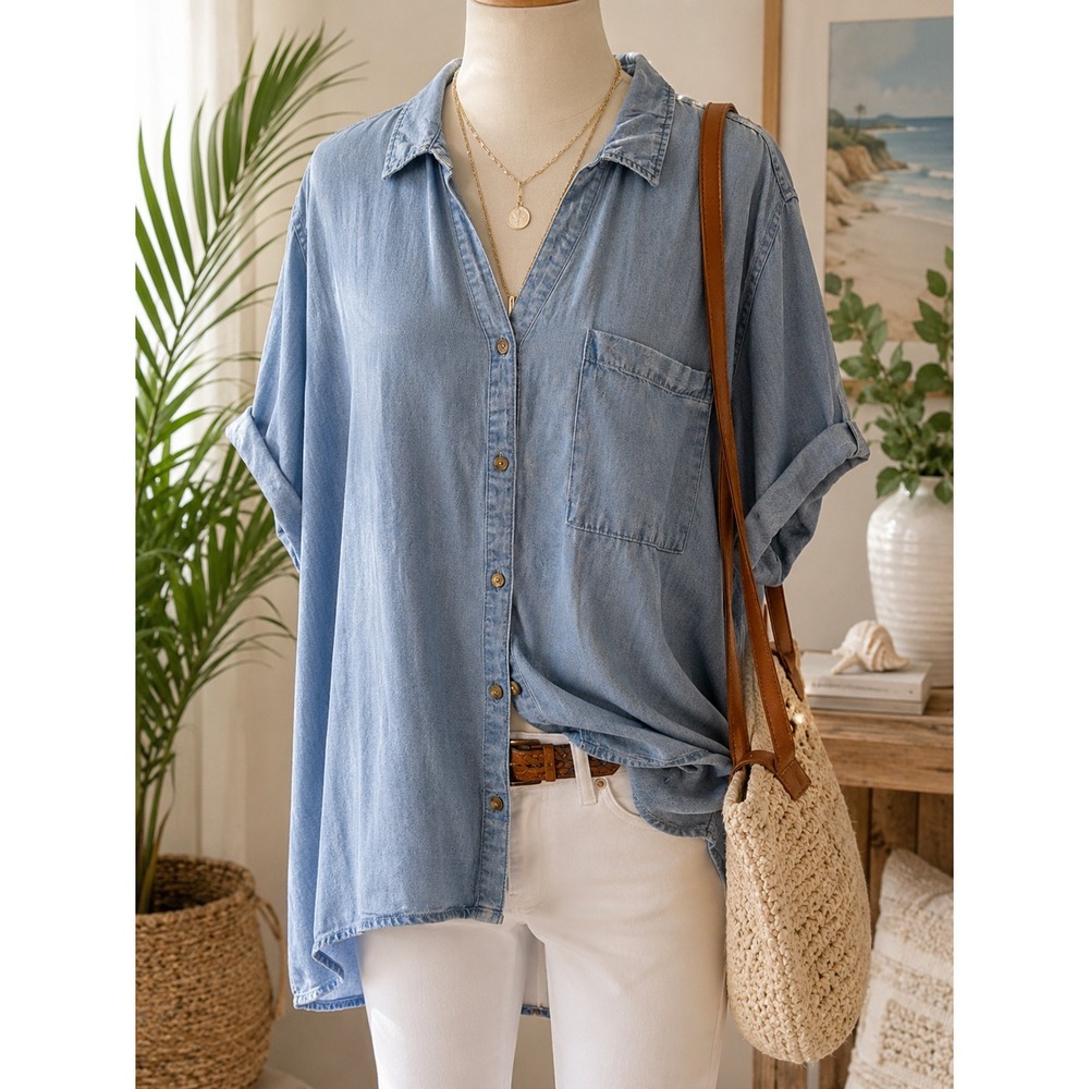 Terra & Sky Womens 3X Chambray Shirt NWT Blue Lyocell Roll Tab Button Up Plus